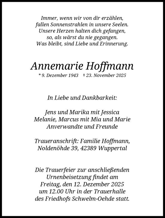 Traueranzeige von Annemarie Hoffmann von trauer.wuppertaler-rundschau.de
