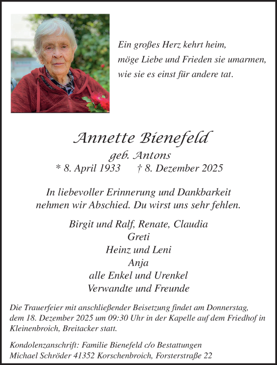 Traueranzeige von Annette Bienefeld von trauer.panorama-anzeigenblatt.de