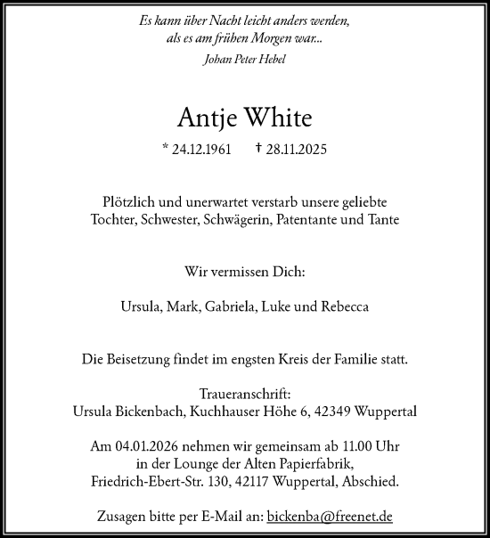 Traueranzeige von Antje White von trauer.wuppertaler-rundschau.de