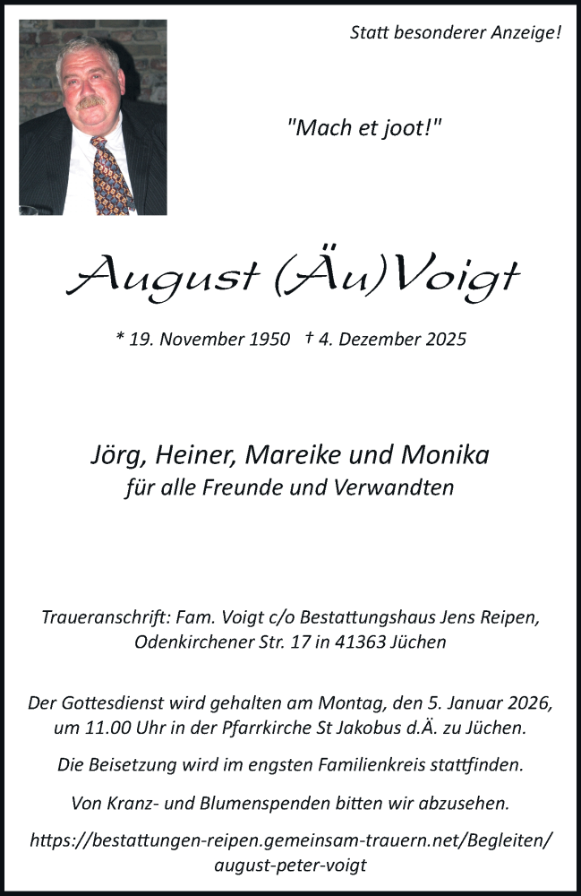  Traueranzeige für August Voigt vom 13.12.2025 aus trauer.stadt-kurier.de