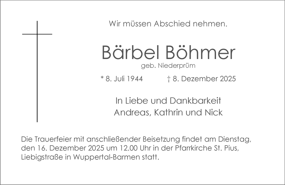  Traueranzeige für Bärbel Böhmer vom 13.12.2025 aus trauer.wuppertaler-rundschau.de