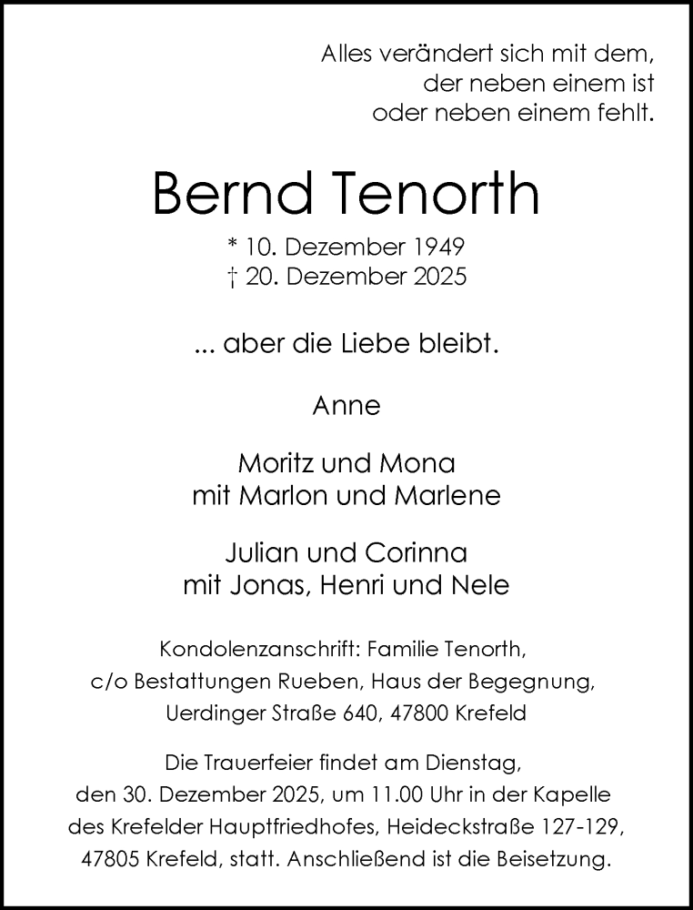  Traueranzeige für Bernd Tenorth vom 28.12.2025 aus trauer.panorama-anzeigenblatt.de