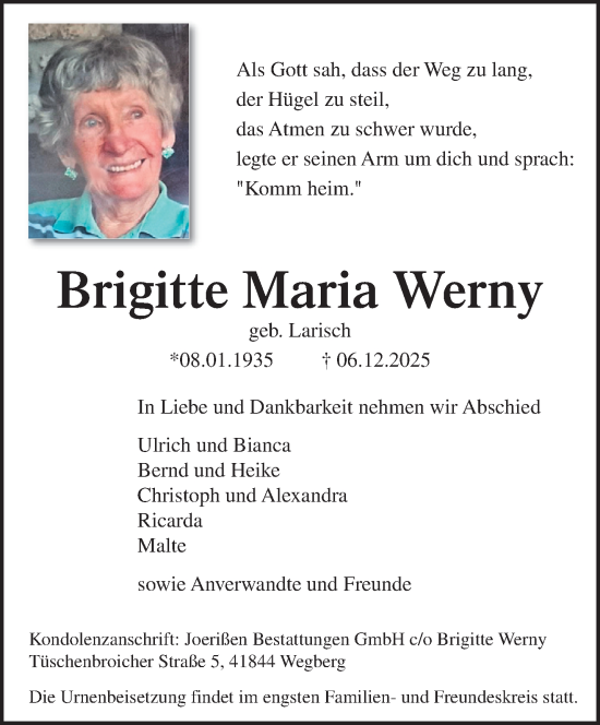 Traueranzeige von Brigitte Maria Werny von trauer.panorama-anzeigenblatt.de