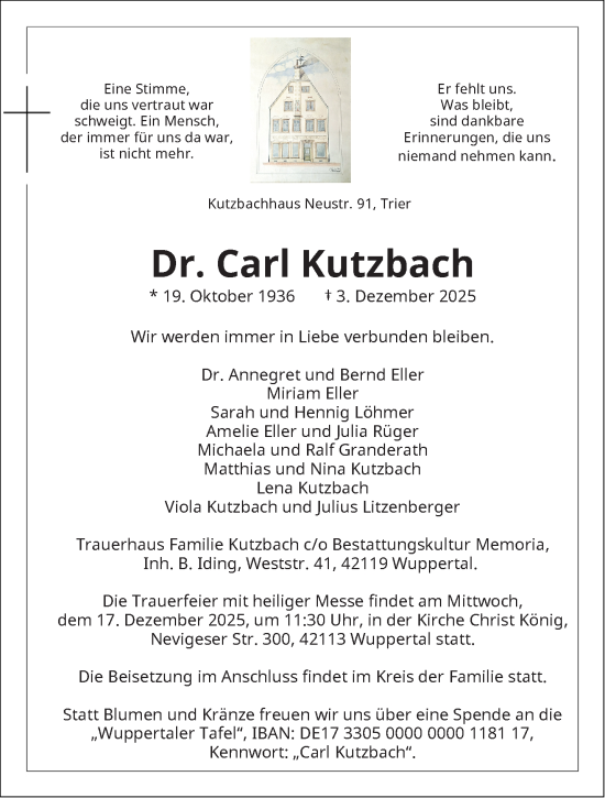 Traueranzeige von Carl Kutzbach von trauer.wuppertaler-rundschau.de