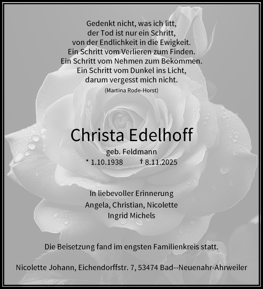  Traueranzeige für Christa Edelhoff vom 06.12.2025 aus trauer.wuppertaler-rundschau.de