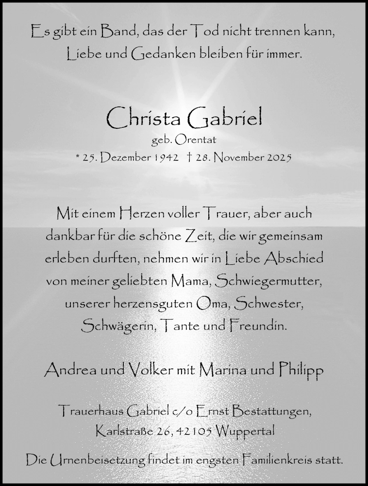  Traueranzeige für Christa Gabriel vom 13.12.2025 aus trauer.wuppertaler-rundschau.de
