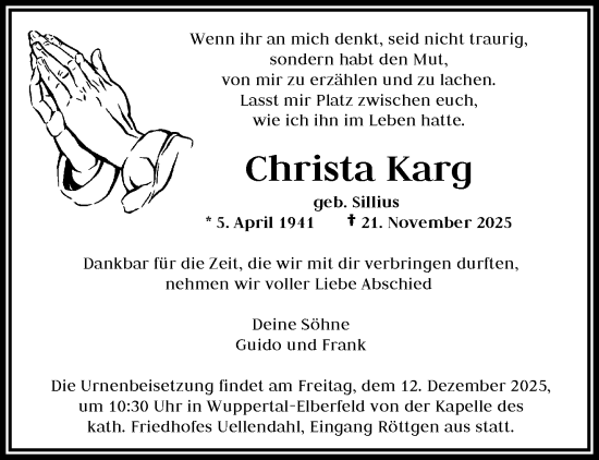 Traueranzeige von Christa Karg von trauer.wuppertaler-rundschau.de