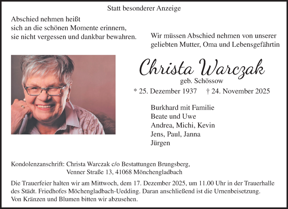  Traueranzeige für Christa Warczak vom 07.12.2025 aus trauer.panorama-anzeigenblatt.de