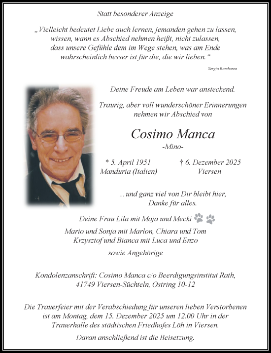 Traueranzeige von Cosimo Manca von trauer.panorama-anzeigenblatt.de