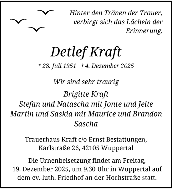 Traueranzeige von Detlef Kraft von trauer.wuppertaler-rundschau.de