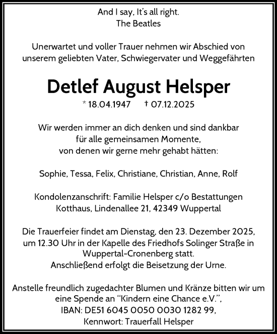 Traueranzeige von Detlef August Helsper von trauer.wuppertaler-rundschau.de
