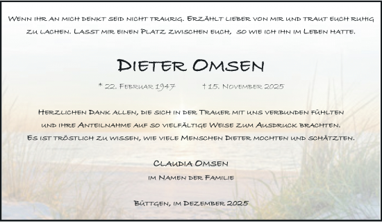Traueranzeige von Dieter Omsen von trauer.panorama-anzeigenblatt.de