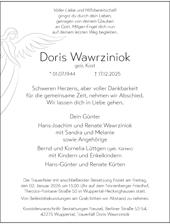 Traueranzeige von Doris Wawrziniok von trauer.wuppertaler-rundschau.de