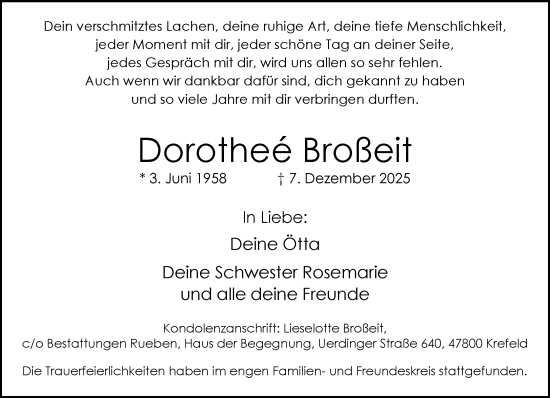 Traueranzeige von Dorotheé Broßeit von trauer.panorama-anzeigenblatt.de