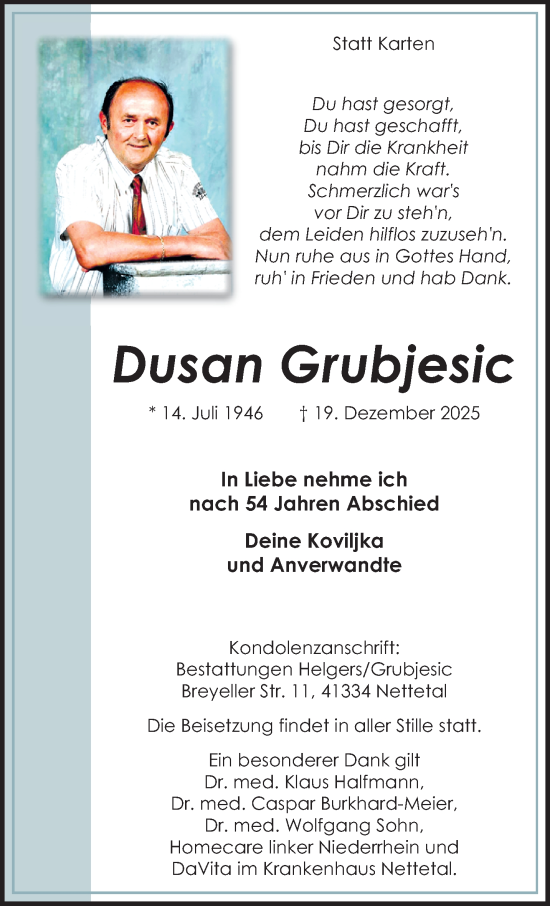Traueranzeige von Dusan Grubjesic von trauer.panorama-anzeigenblatt.de