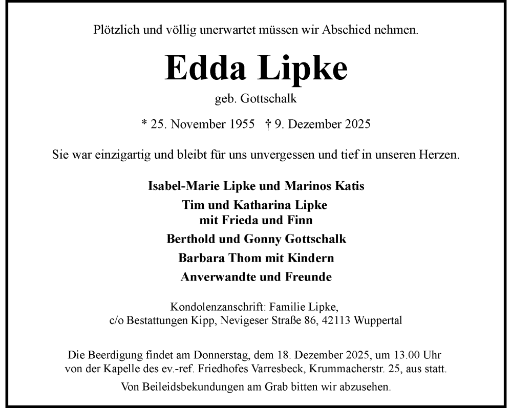  Traueranzeige für Edda Lipke vom 13.12.2025 aus trauer.wuppertaler-rundschau.de
