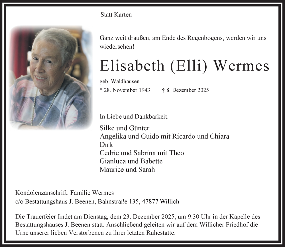  Traueranzeige für Elisabeth Wermes vom 21.12.2025 aus trauer.panorama-anzeigenblatt.de