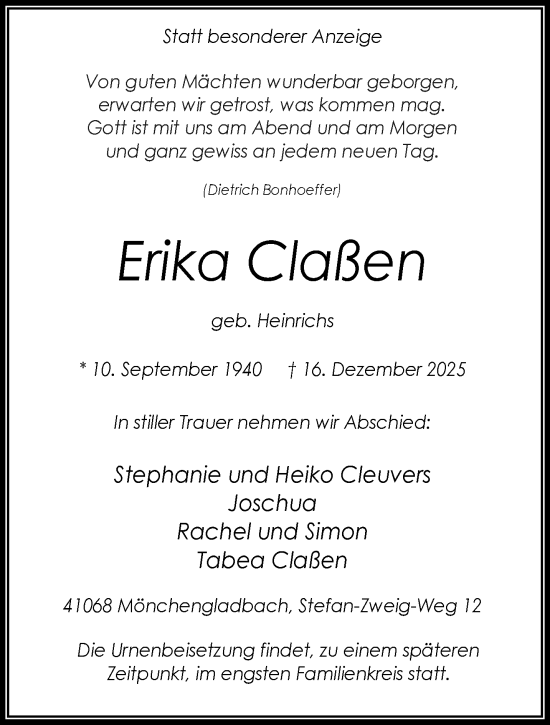 Traueranzeige von Erika Claßen von trauer.panorama-anzeigenblatt.de