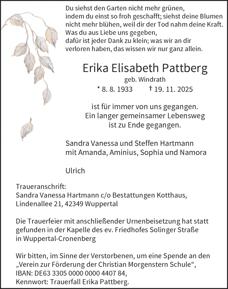  Traueranzeige für Erika Elisabeth Pattberg vom 13.12.2025 aus trauer.wuppertaler-rundschau.de