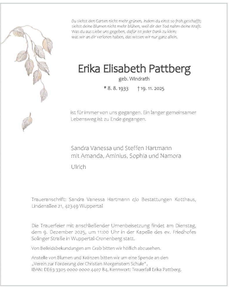  Traueranzeige für Erika Elisabeth Pattberg vom 06.12.2025 aus trauer.wuppertaler-rundschau.de