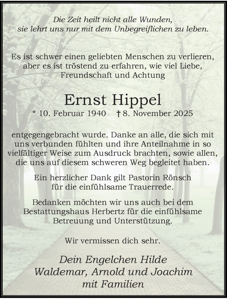  Traueranzeige für Ernst Hippel vom 14.12.2025 aus trauer.panorama-anzeigenblatt.de