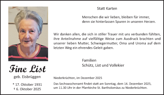 Traueranzeige von Fine List von trauer.panorama-anzeigenblatt.de