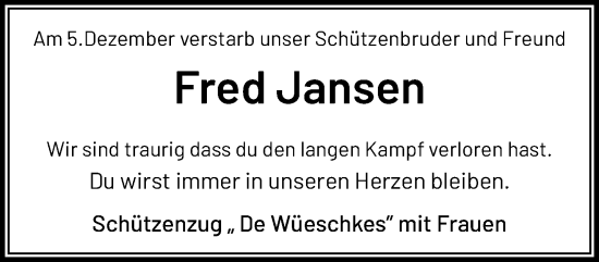 Traueranzeige von Fred Jansen von trauer.panorama-anzeigenblatt.de