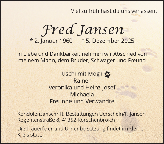 Traueranzeige von Fred Jansen von trauer.panorama-anzeigenblatt.de