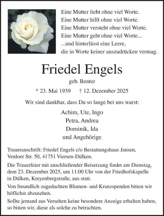 Traueranzeige von Friedel Engels von trauer.panorama-anzeigenblatt.de