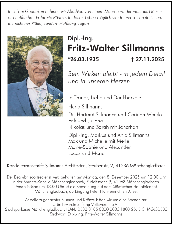 Traueranzeige von Fritz-Walter Sillmanns von trauer.panorama-anzeigenblatt.de