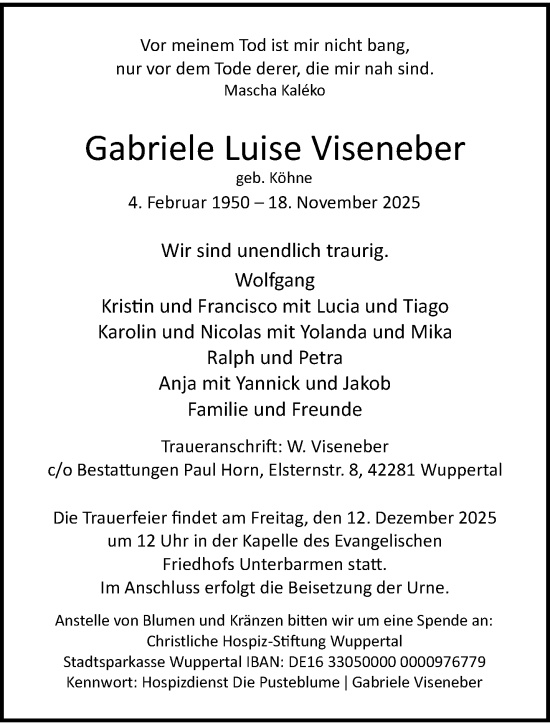 Traueranzeige von Gabriele Luise Viseneber von trauer.wuppertaler-rundschau.de