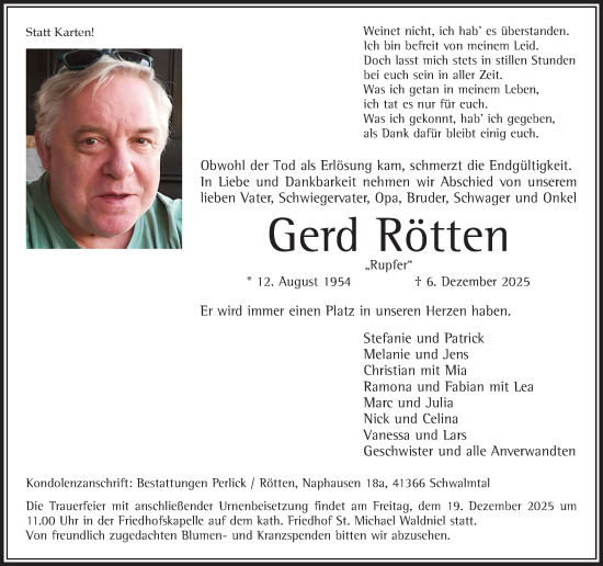 Traueranzeige von Gerd Rötten von trauer.panorama-anzeigenblatt.de