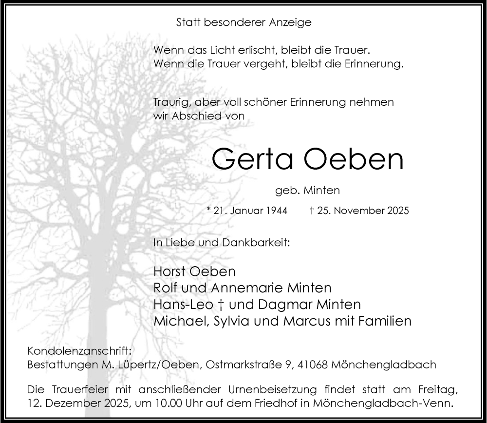  Traueranzeige für Gerta Oeben vom 07.12.2025 aus trauer.panorama-anzeigenblatt.de