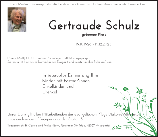 Traueranzeige von Gertraude Schulz von trauer.wuppertaler-rundschau.de