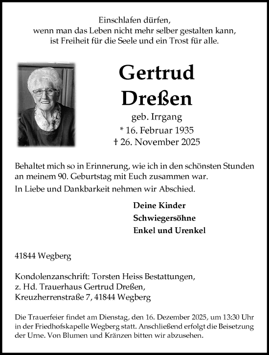 Traueranzeige von Gertrud Dreßen von trauer.panorama-anzeigenblatt.de