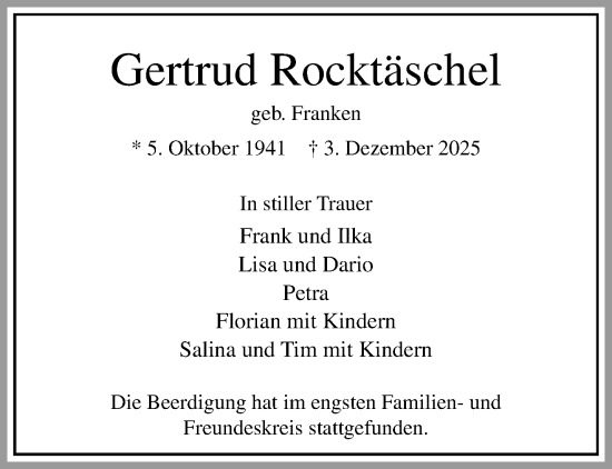 Traueranzeige von Gertrud Rocktäschel von trauer.panorama-anzeigenblatt.de