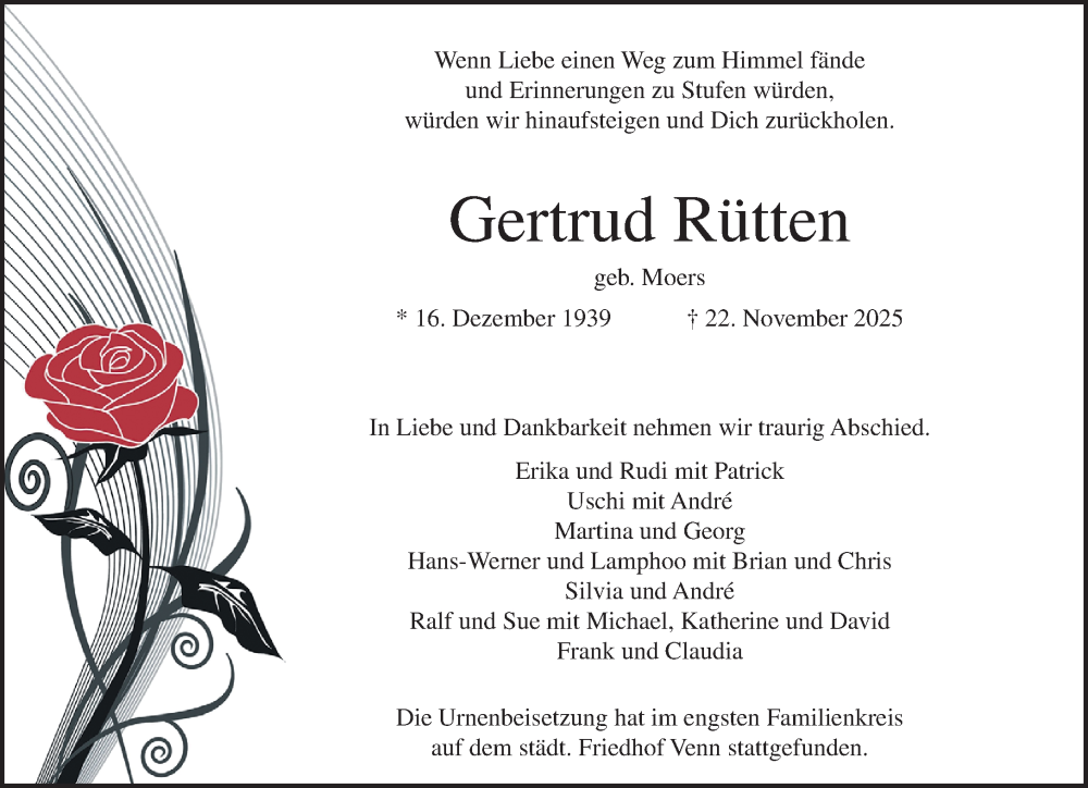  Traueranzeige für Gertrud Rütten vom 21.12.2025 aus trauer.panorama-anzeigenblatt.de