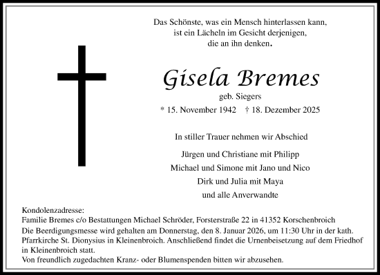 Traueranzeige von Gisela Bremes von trauer.panorama-anzeigenblatt.de