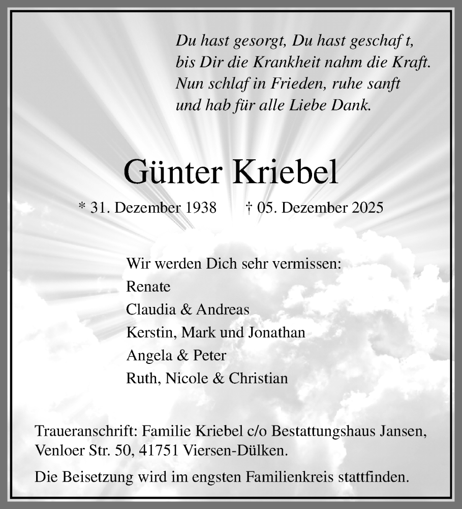  Traueranzeige für Günter Kriebel vom 14.12.2025 aus trauer.panorama-anzeigenblatt.de