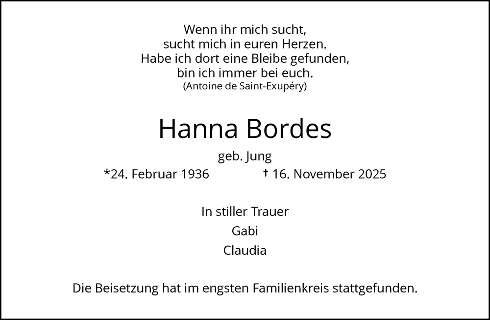  Traueranzeige für Hanna Bordes vom 13.12.2025 aus trauer.wuppertaler-rundschau.de