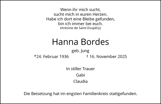 Traueranzeige von Hanna Bordes von trauer.wuppertaler-rundschau.de