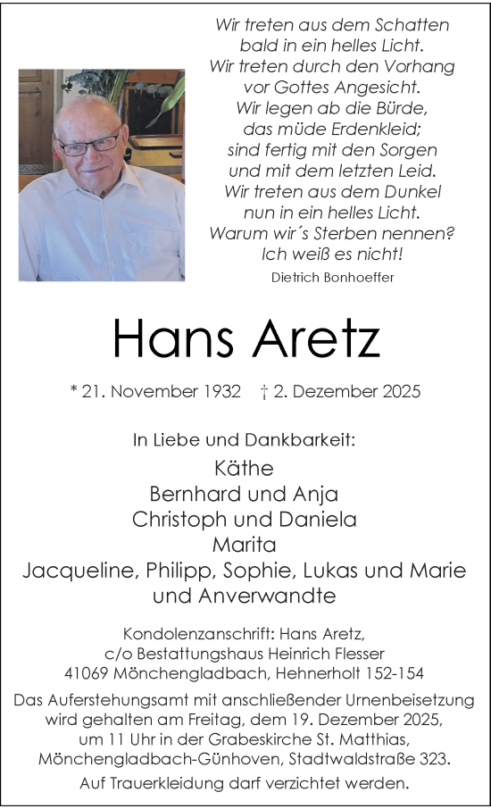 Traueranzeige von Hans Aretz von trauer.panorama-anzeigenblatt.de