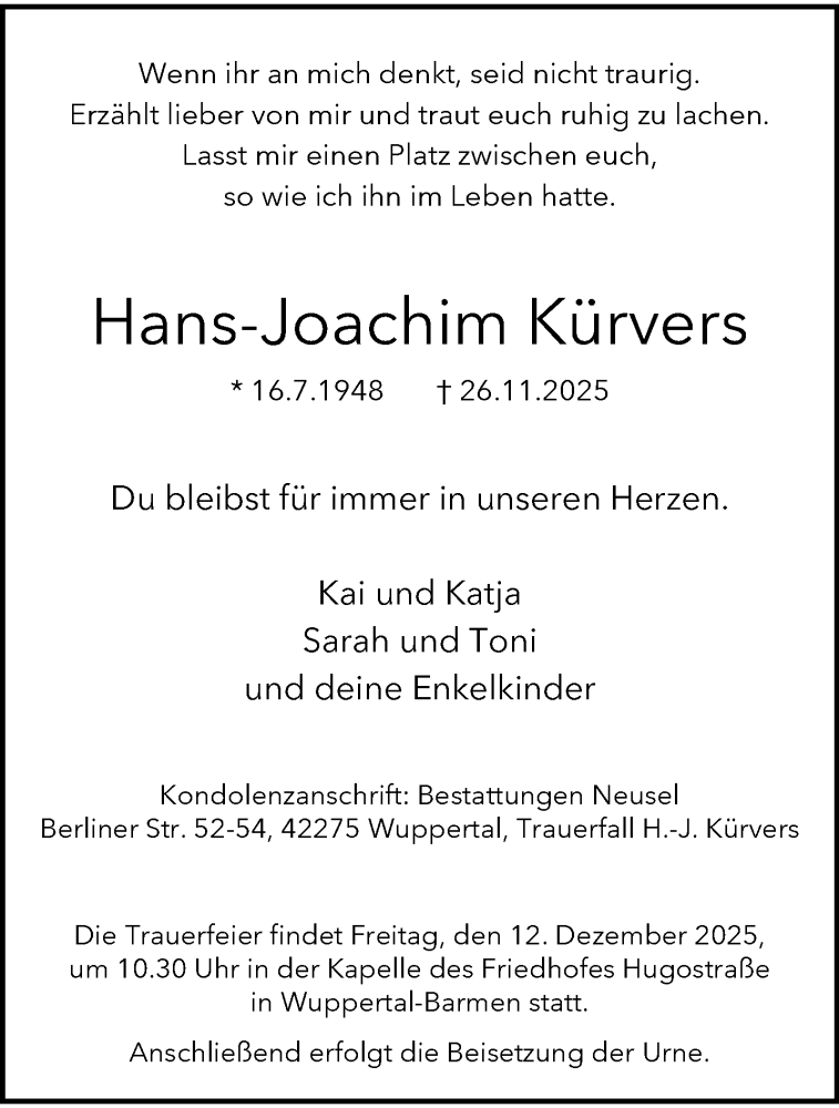  Traueranzeige für Hans-Joachim Kürvers vom 06.12.2025 aus trauer.wuppertaler-rundschau.de