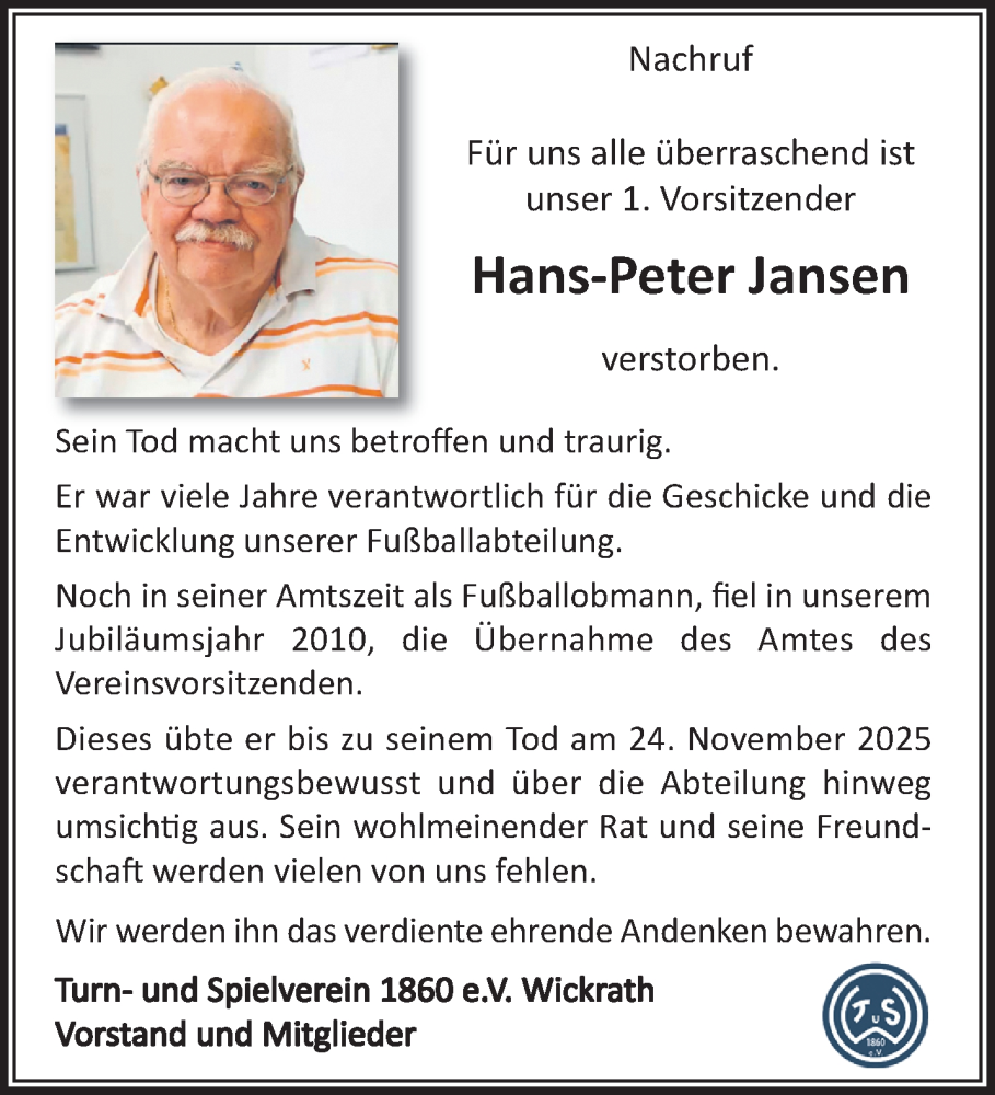  Traueranzeige für Hans-Peter Jansen vom 14.12.2025 aus trauer.panorama-anzeigenblatt.de