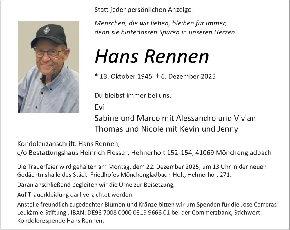  Traueranzeige für Hans Rennen vom 14.12.2025 aus trauer.panorama-anzeigenblatt.de