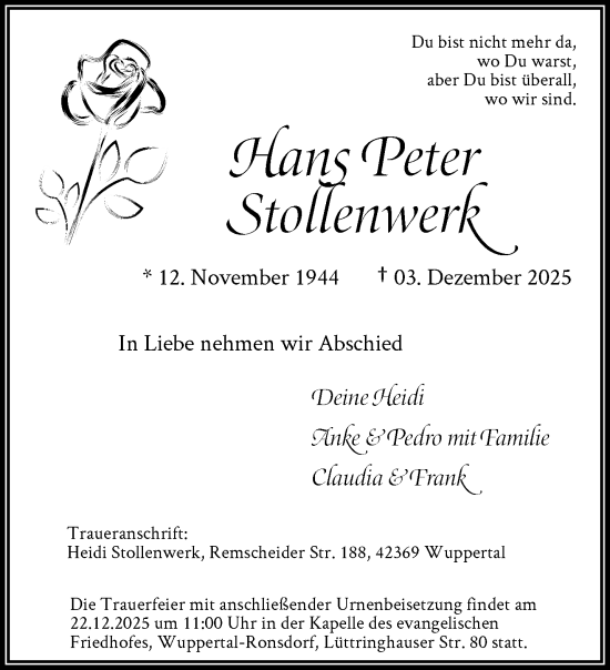 Traueranzeige von Hans Peter Stollenwerk von trauer.wuppertaler-rundschau.de