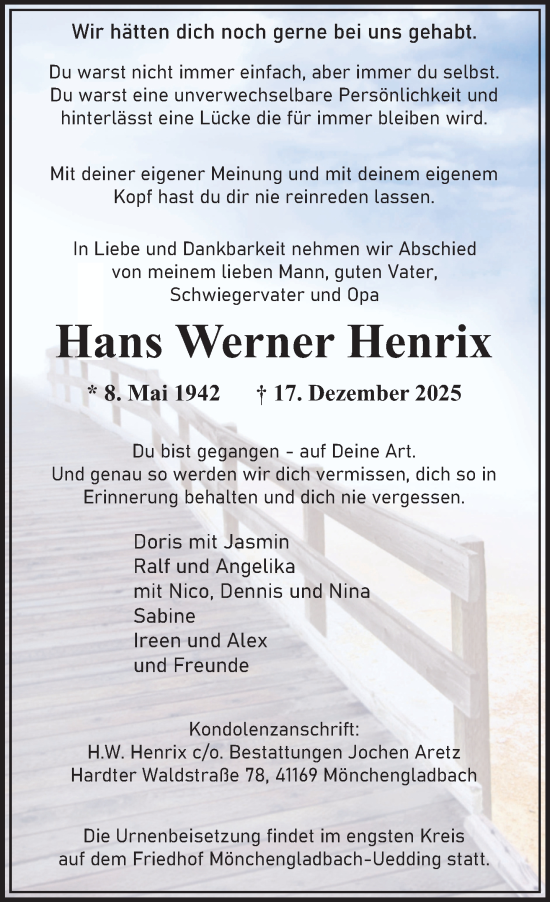 Traueranzeige von Hans Werner Henrix von trauer.panorama-anzeigenblatt.de