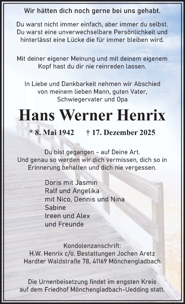  Traueranzeige für Hans Werner Henrix vom 28.12.2025 aus trauer.panorama-anzeigenblatt.de