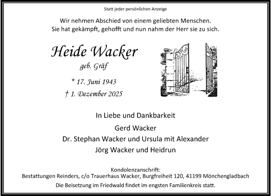 Traueranzeige von Heide Wacker von trauer.stadt-kurier.de