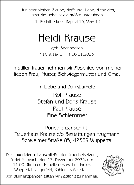 Traueranzeige von Heidi Krause von trauer.wuppertaler-rundschau.de